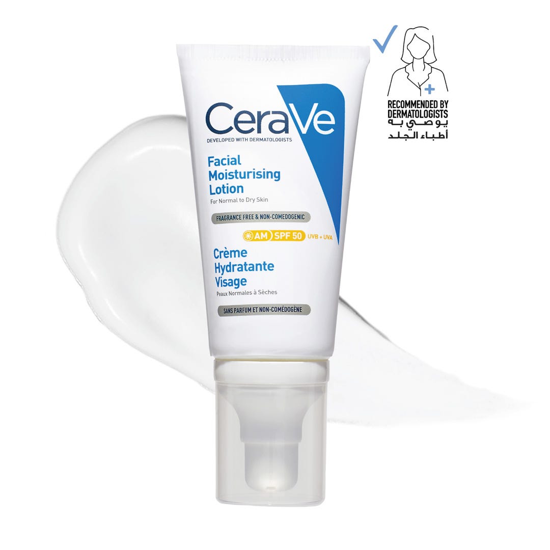 Cerave Moisturizing Face Lotion with Sun Protection Factor SPF50 for Normal to Dry Skin 52ml- سيرافي لوشن مرطب للوجه بعامل وقاية من أشعة الشمس SPF50 للبشرة العادية إلى الجافة 52مل-